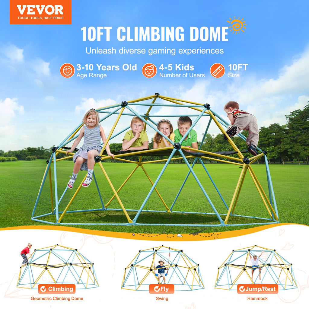 Climbing Dome, 10FT Geometric Dome Climber With Hammock And Swing, For Kids 3 To 10 Years Old, Jungle Gym Supports 750LBS And Easy Assembly, With Climbing Grip, Outdoor Backyard Play Equipment