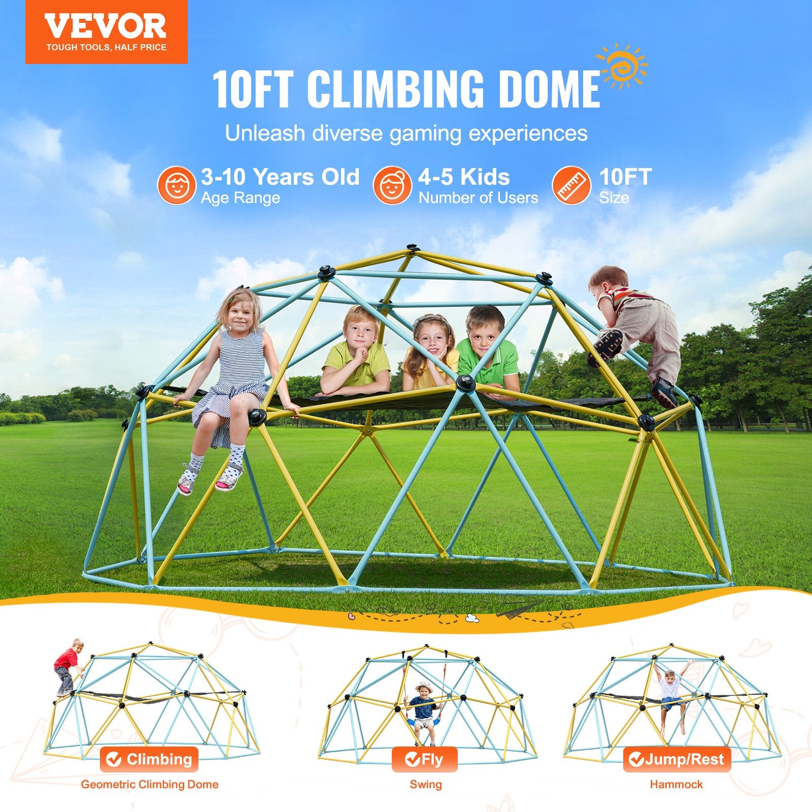 Climbing Dome, 10FT Geometric Dome Climber With Hammock And Swing, For Kids 3 To 10 Years Old, Jungle Gym Supports 750LBS And Easy Assembly, With Climbing Grip, Outdoor Backyard Play Equipment