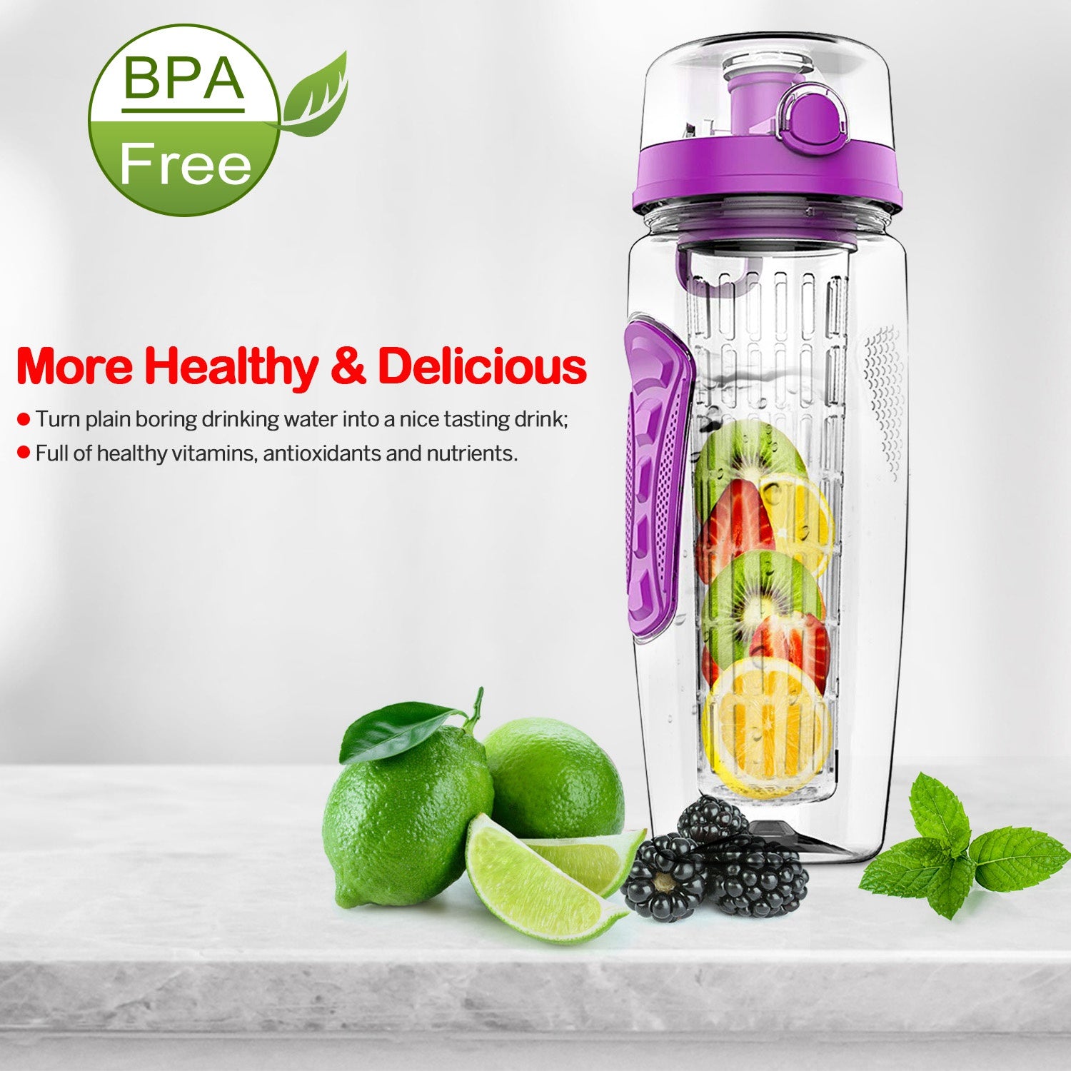 3 Color Options - 1Pc Fruit Infuser Water Bottle 32OZ Juice Shaker Sport With Flip Top Lid Anti-Slip Grips For Office Home Sport Running Walking Hiking