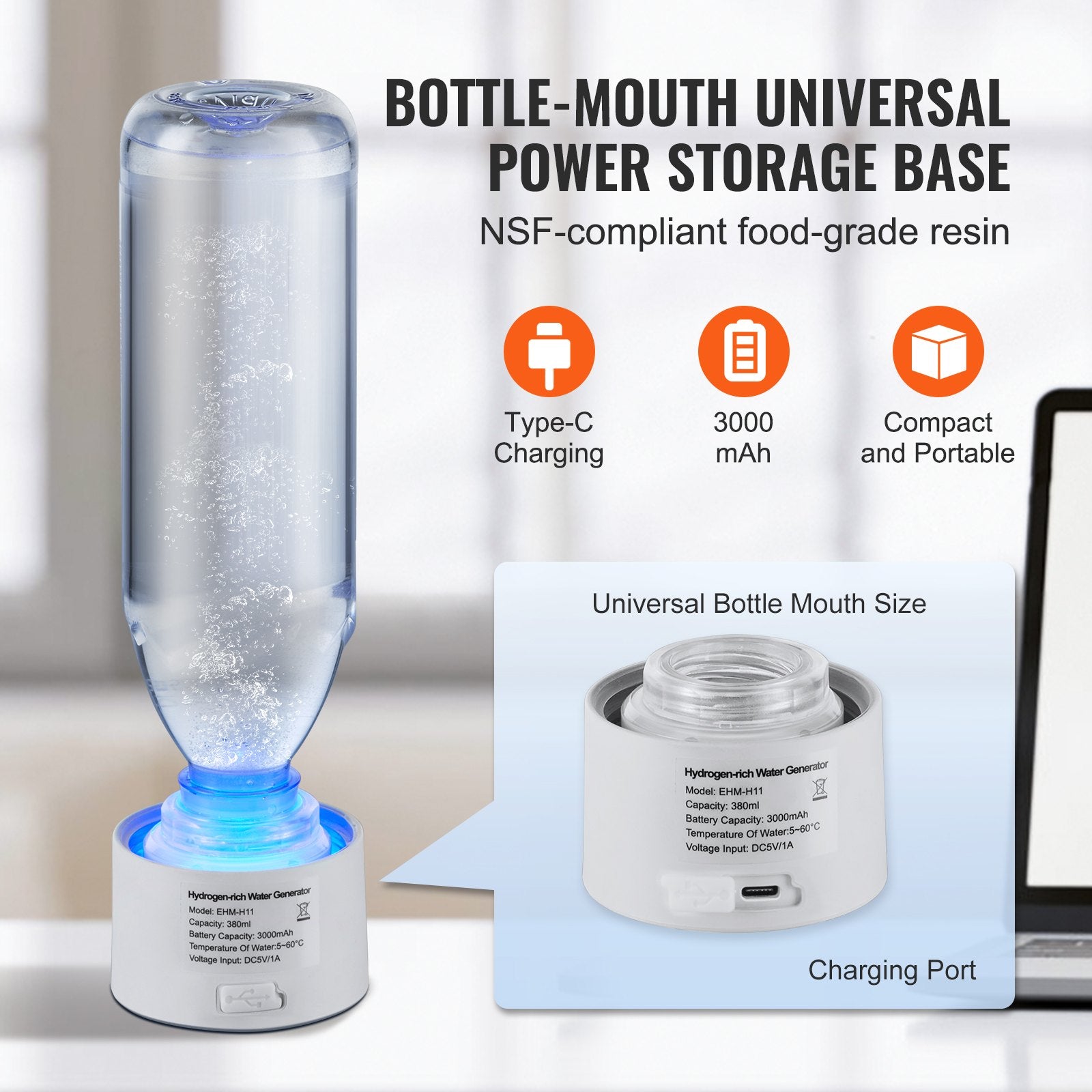 Hydrogen Water Bottle Generator, 380 Ml / 13.4 Oz Capacity Portable Hydrogen Water Maker, SPE Technology Hydrogen Rich Water Ionizer Machine With Nasal Inhalation Tube And Self-Cleaning