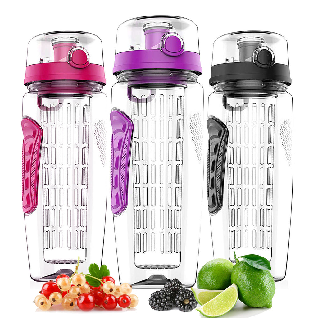 3 Color Options - 1Pc Fruit Infuser Water Bottle 32OZ Juice Shaker Sport With Flip Top Lid Anti-Slip Grips For Office Home Sport Running Walking Hiking